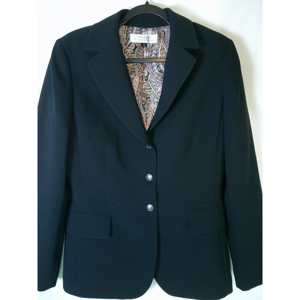 Tahari Arthur S. Levine Womens Black 3 Button Blazer Paisley Lining Size 12